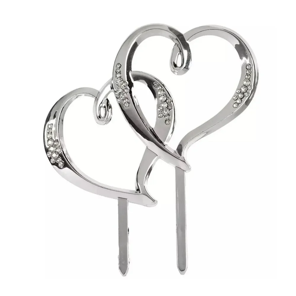 Wilton Double Heart Jeweled Silver Plastic Pick for Cake‎ Topper Decoration NEW